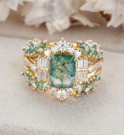 Emerald Cut Natural Moss Agate Engagement Ring Set Rose gold Bridal Set Ring Unique Promise Cluster ring double curved band anniversary gift