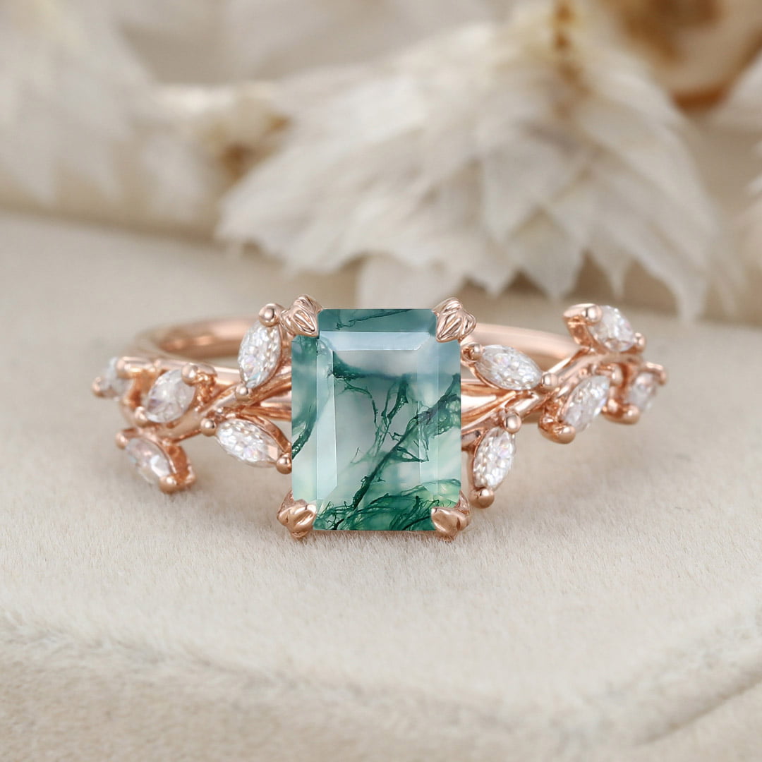 Emerald Cut Nature Inspired Floral Moss Agate Engagement Ring Branch Marquise Moissanite Cluster Ring 14K Solid Gold Ring