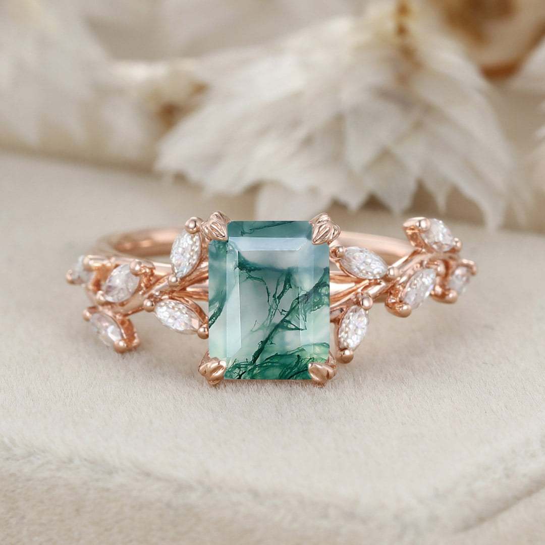 Emerald Cut Nature Inspired Floral Moss Agate Engagement Ring Branch Marquise Moissanite Cluster Ring 14K Solid Gold Ring