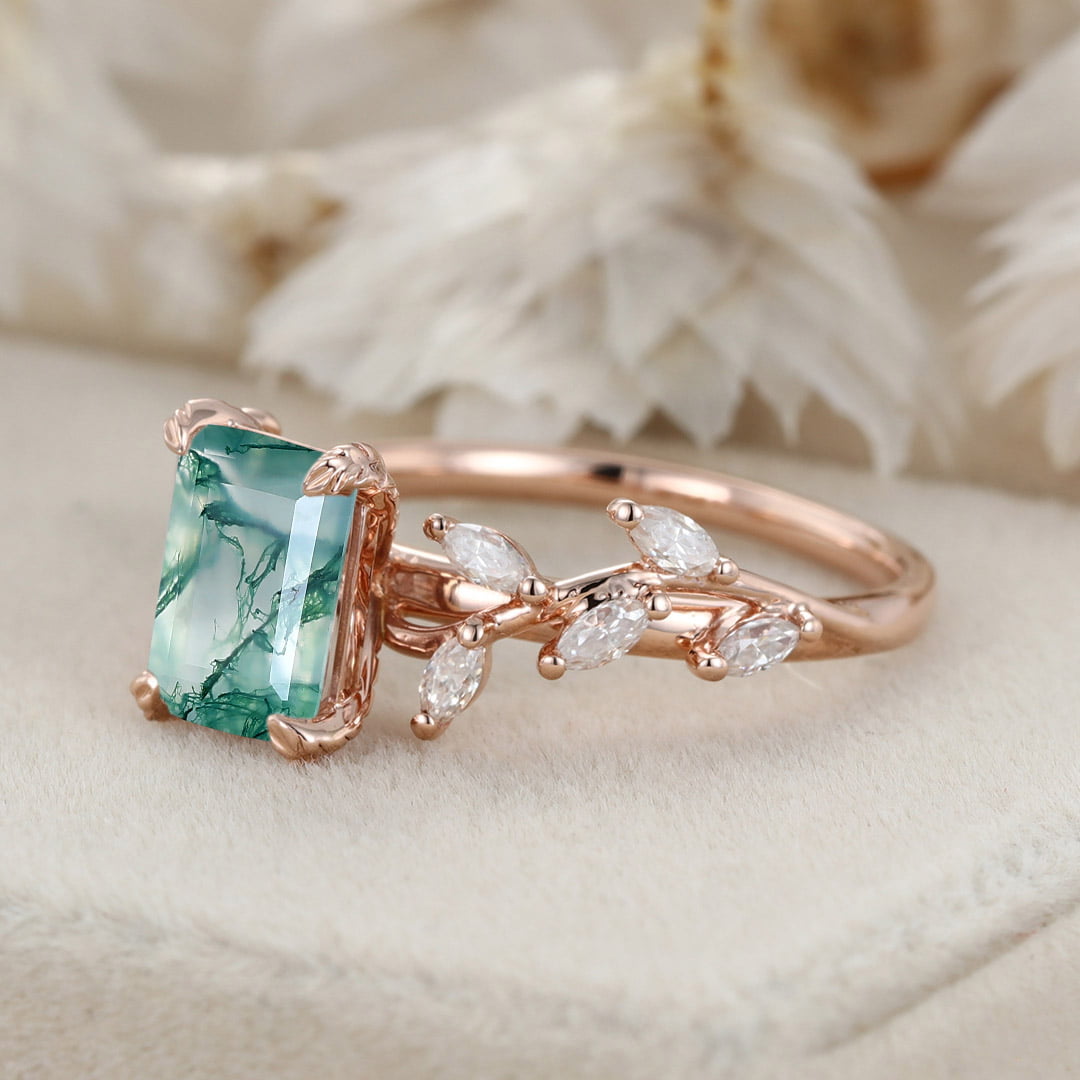 Emerald Cut Nature Inspired Floral Moss Agate Engagement Ring Branch Marquise Moissanite Cluster Ring 14K Solid Gold Ring