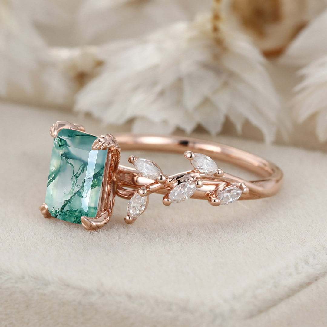 Emerald Cut Nature Inspired Floral Moss Agate Engagement Ring Branch Marquise Moissanite Cluster Ring 14K Solid Gold Ring
