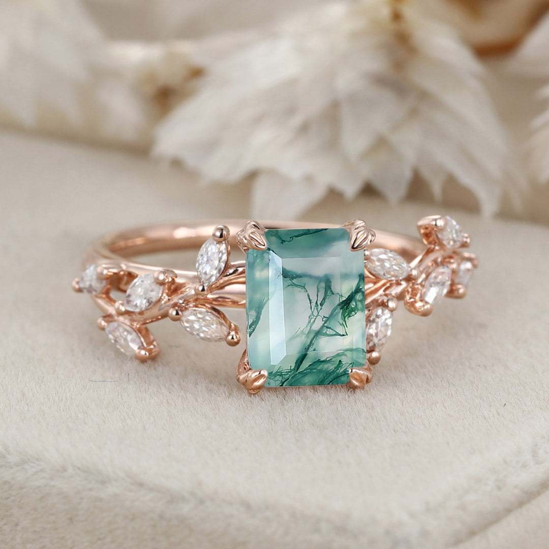 Emerald Cut Nature Inspired Floral Moss Agate Engagement Ring Branch Marquise Moissanite Cluster Ring 14K Solid Gold Ring