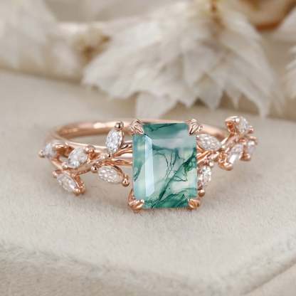 Emerald Cut Nature Inspired Floral Moss Agate Engagement Ring Branch Marquise Moissanite Cluster Ring 14K Solid Gold Ring