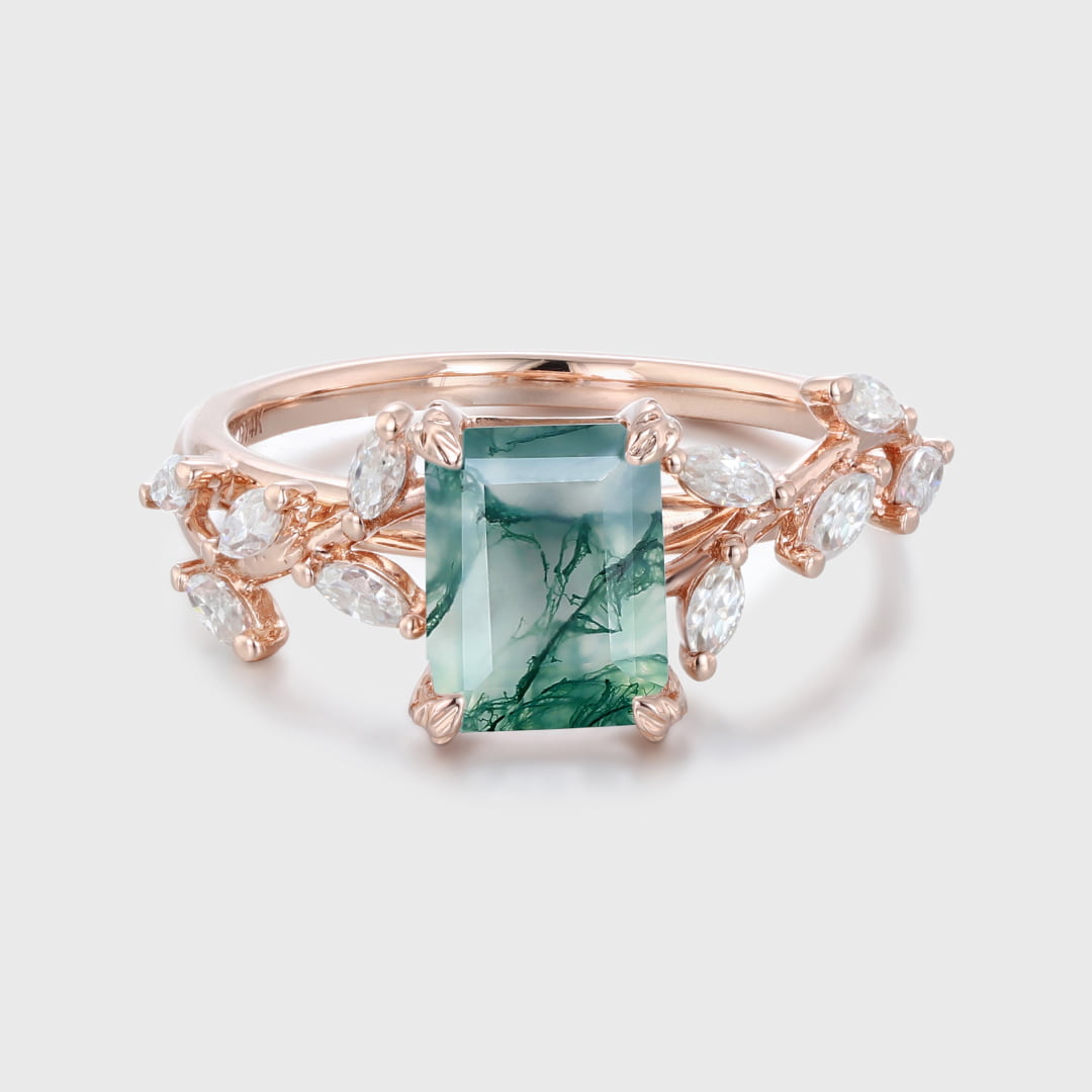 Emerald Cut Nature Inspired Floral Moss Agate Engagement Ring Branch Marquise Moissanite Cluster Ring 14K Solid Gold Ring