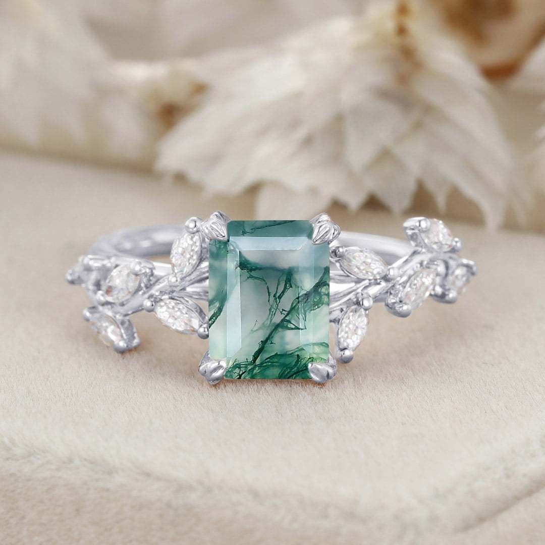 Emerald Cut Nature Inspired Floral Moss Agate Engagement Ring Branch Marquise Moissanite Cluster Ring 14K Solid Gold Ring