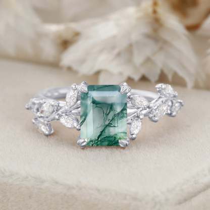 Emerald Cut Nature Inspired Floral Moss Agate Engagement Ring Branch Marquise Moissanite Cluster Ring 14K Solid Gold Ring