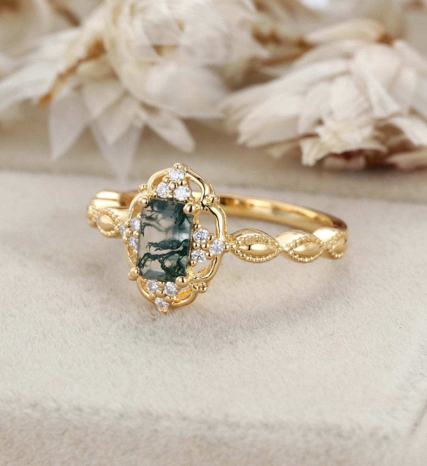 Emerald Moss Agate Engagement Ring Rose Gold Vintage Engagement Ring Green Moss Agate Ring Vintage Diamond Cluster Ring Gift