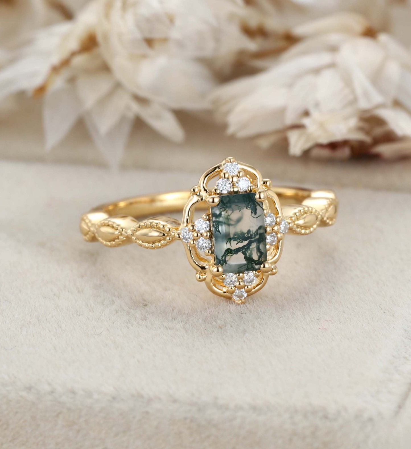 Emerald Moss Agate Engagement Ring Rose Gold Vintage Engagement Ring Green Moss Agate Ring Vintage Diamond Cluster Ring Gift