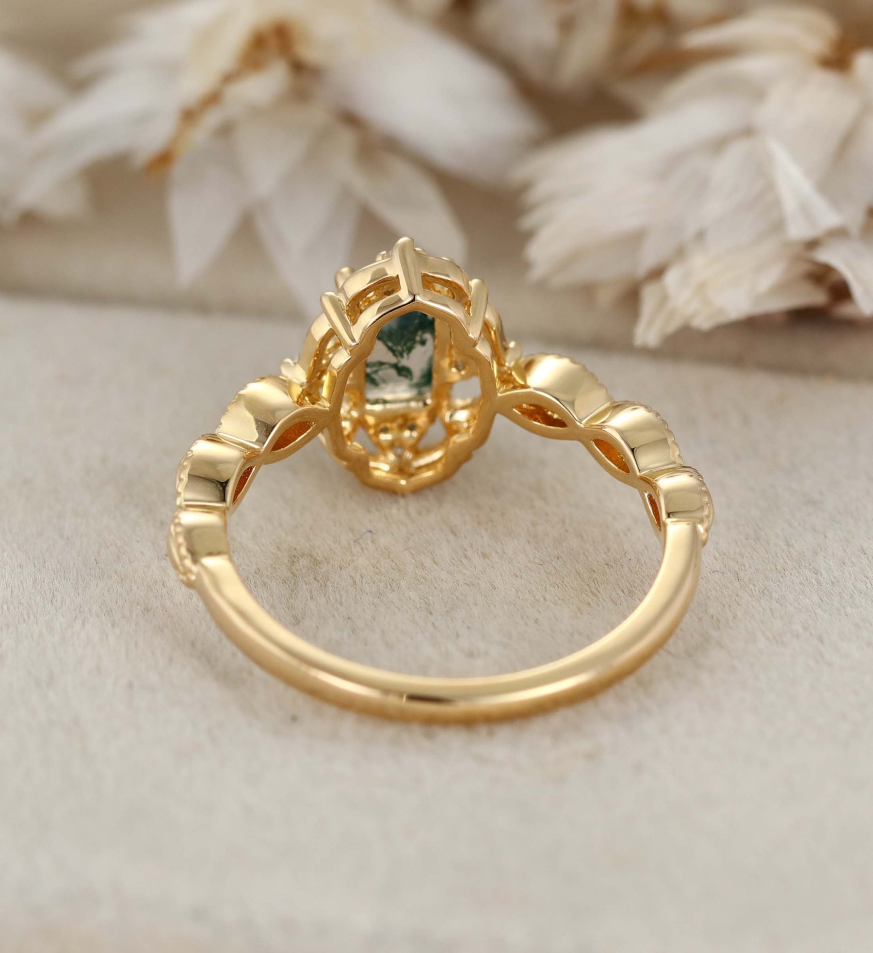 Emerald Moss Agate Engagement Ring Rose Gold Vintage Engagement Ring Green Moss Agate Ring Vintage Diamond Cluster Ring Gift