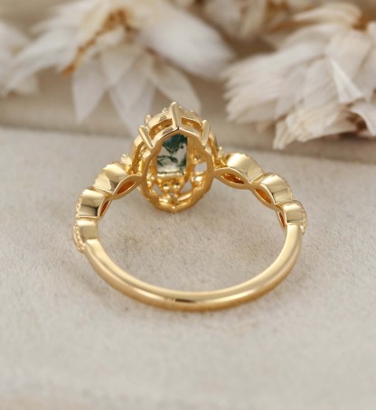 Emerald Moss Agate Engagement Ring Rose Gold Vintage Engagement Ring Green Moss Agate Ring Vintage Diamond Cluster Ring Gift