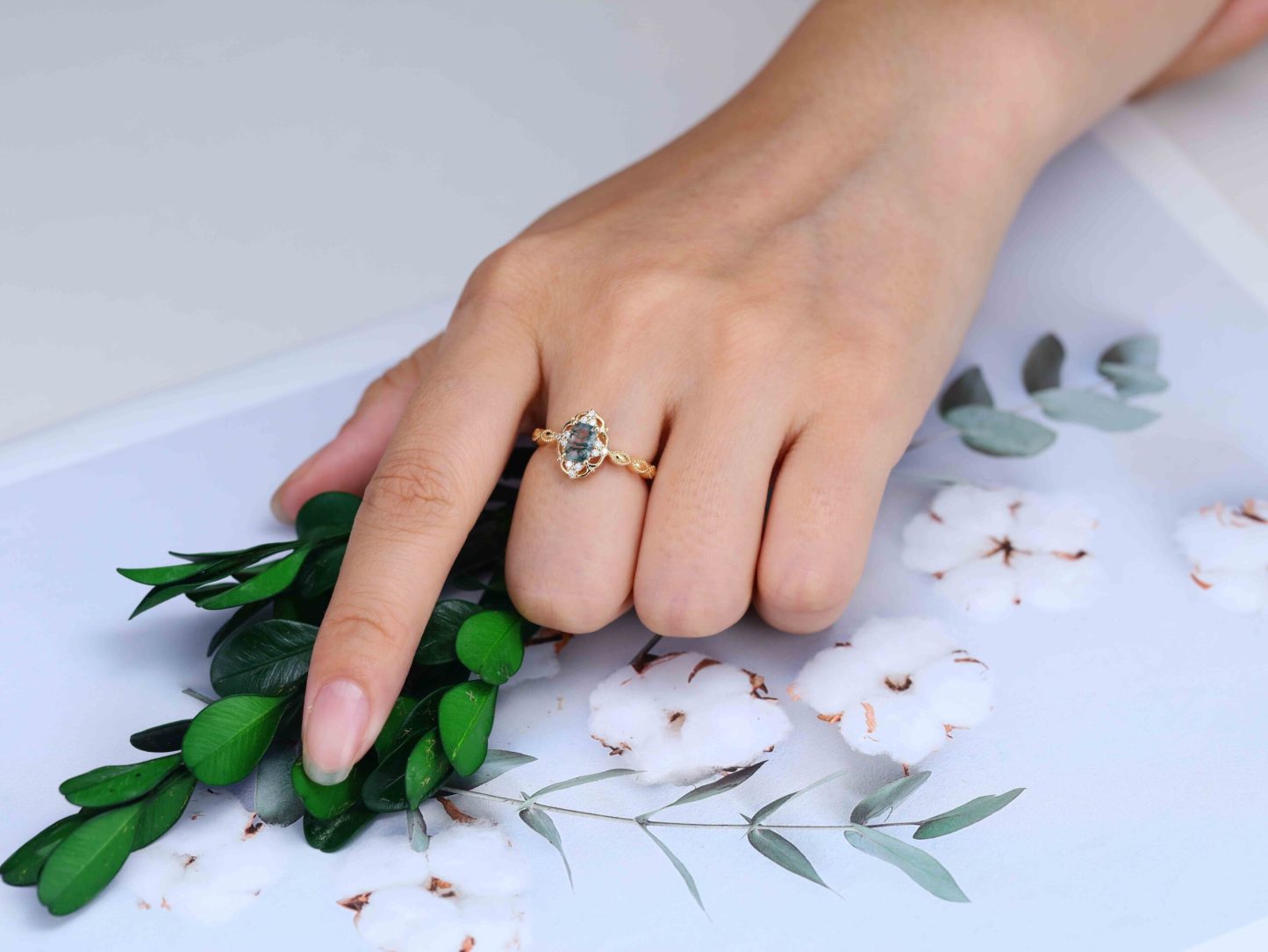 Emerald Moss Agate Engagement Ring Rose Gold Vintage Engagement Ring Green Moss Agate Ring Vintage Diamond Cluster Ring Gift