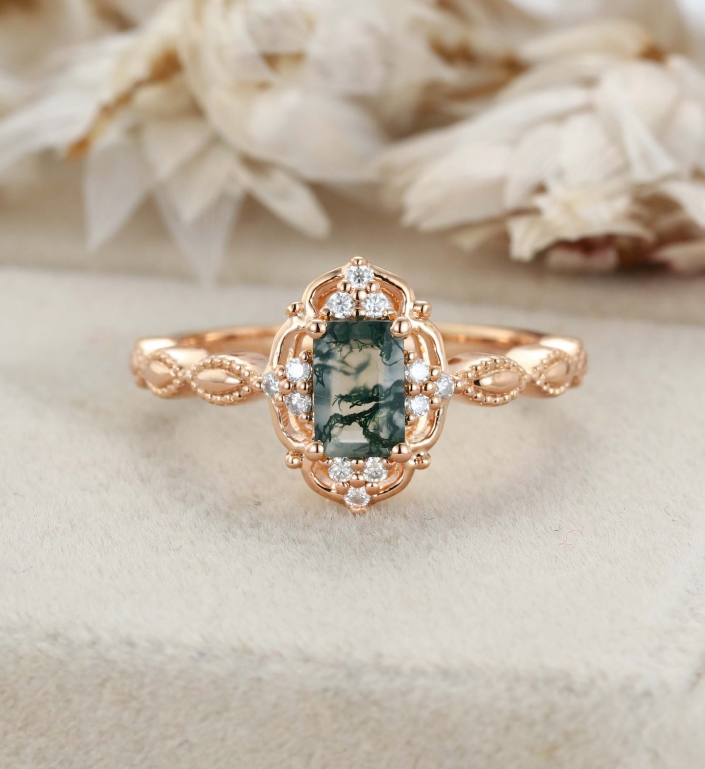 Emerald Moss Agate Engagement Ring Rose Gold Vintage Engagement Ring Green Moss Agate Ring Vintage Diamond Cluster Ring Gift
