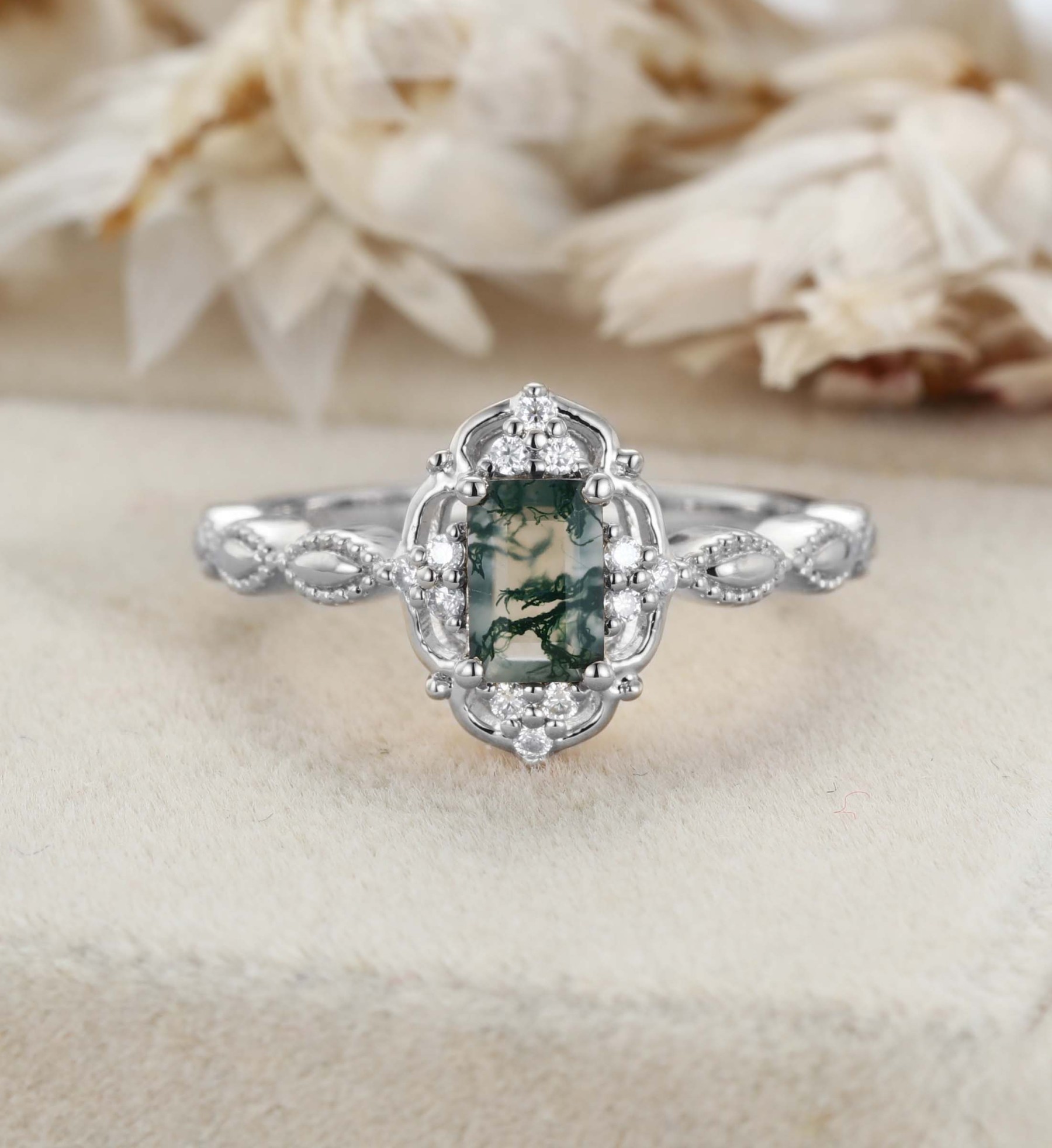 Emerald Moss Agate Engagement Ring Rose Gold Vintage Engagement Ring Green Moss Agate Ring Vintage Diamond Cluster Ring Gift