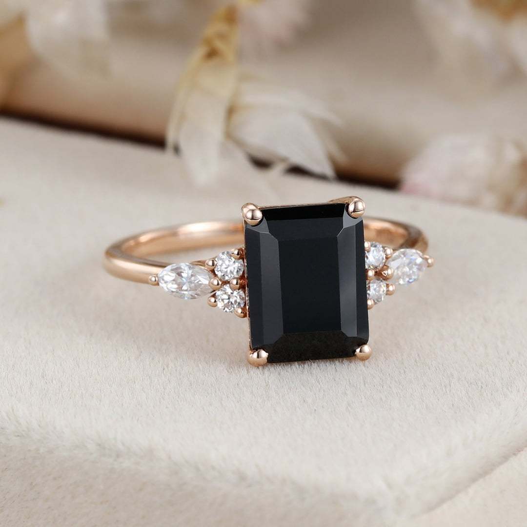 Emerald cut Black onyx engagement ring women unique rose gold moissanite engagement ring Vintage marquise cluster diamond ring bridal gift