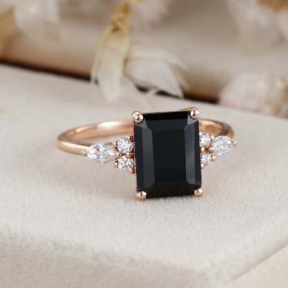 Emerald cut Black onyx engagement ring women unique rose gold moissanite engagement ring Vintage marquise cluster diamond ring bridal gift