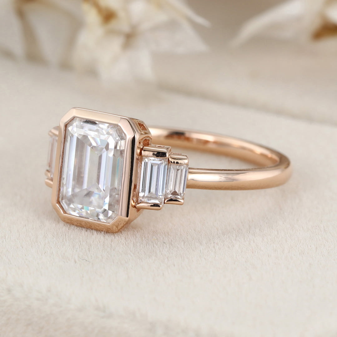 Bezel Set Art Deco 2 Carat Emerald Cut Lab-Grown Diamond Ring in 14K Rose Gold - Vintage Inspired Engagement Ring