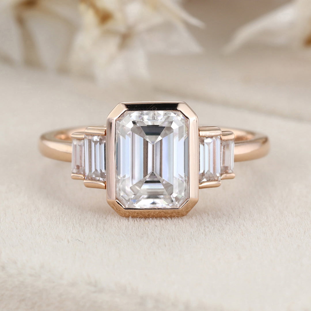 Bezel Set Art Deco 2 Carat Emerald Cut Lab-Grown Diamond Ring in 14K Rose Gold - Vintage Inspired Engagement Ring