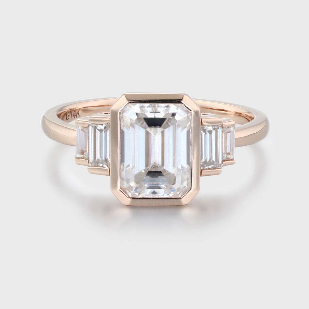 Bezel Set Art Deco 2.0ct Emerald Cut Moissanite Ring In 14K Rose Gold