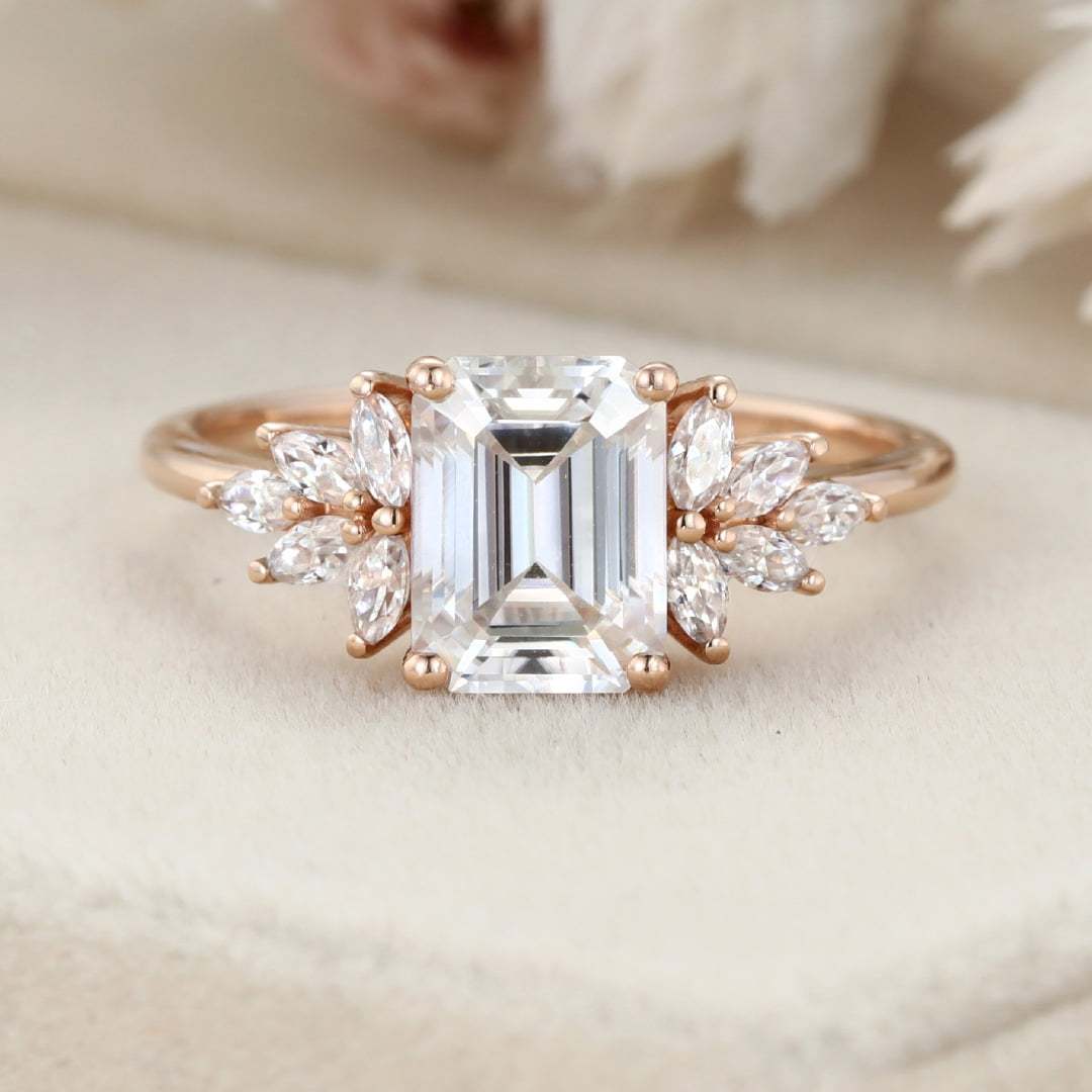 Emerald cut Moissanite engagement ring Unique Cluster engagement ring Rose gold Vintage Round diamond wedding ring Bridal Anniversary gift