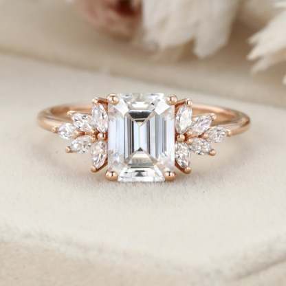Emerald cut Moissanite engagement ring Unique Cluster engagement ring Rose gold Vintage Round diamond wedding ring Bridal Anniversary gift
