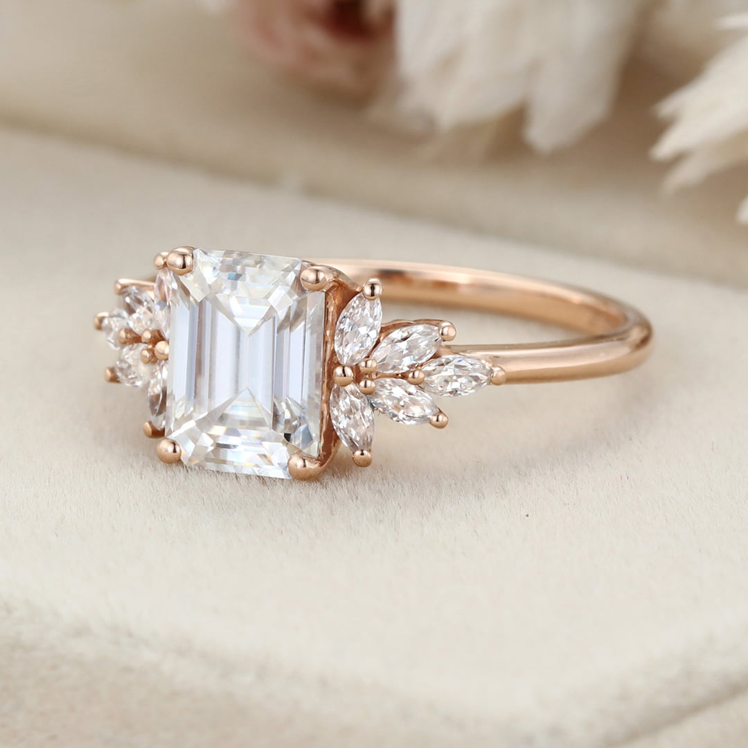 Emerald cut Moissanite engagement ring Unique Cluster engagement ring Rose gold Vintage Round diamond wedding ring Bridal Anniversary gift