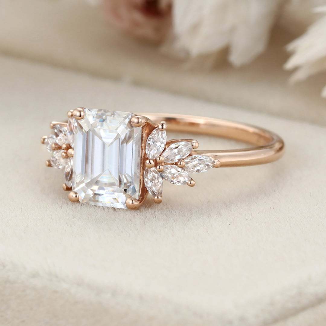 Emerald cut Moissanite engagement ring Unique Cluster engagement ring Rose gold Vintage Round diamond wedding ring Bridal Anniversary gift