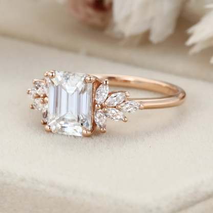 Emerald cut Moissanite engagement ring Unique Cluster engagement ring Rose gold Vintage Round diamond wedding ring Bridal Anniversary gift