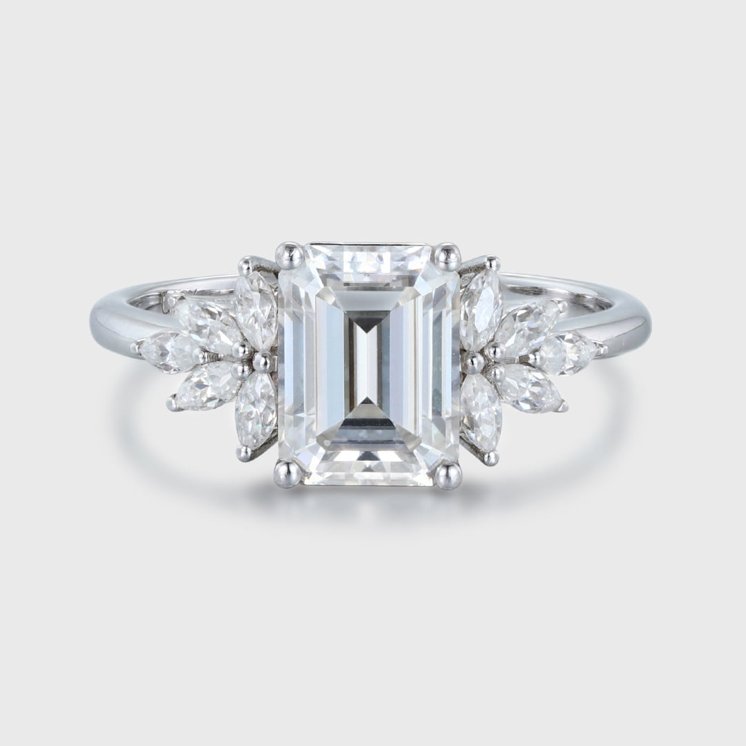Emerald cut Moissanite engagement ring Unique Cluster engagement ring Vintage White Gold diamond wedding ring Bridal Anniversary gift