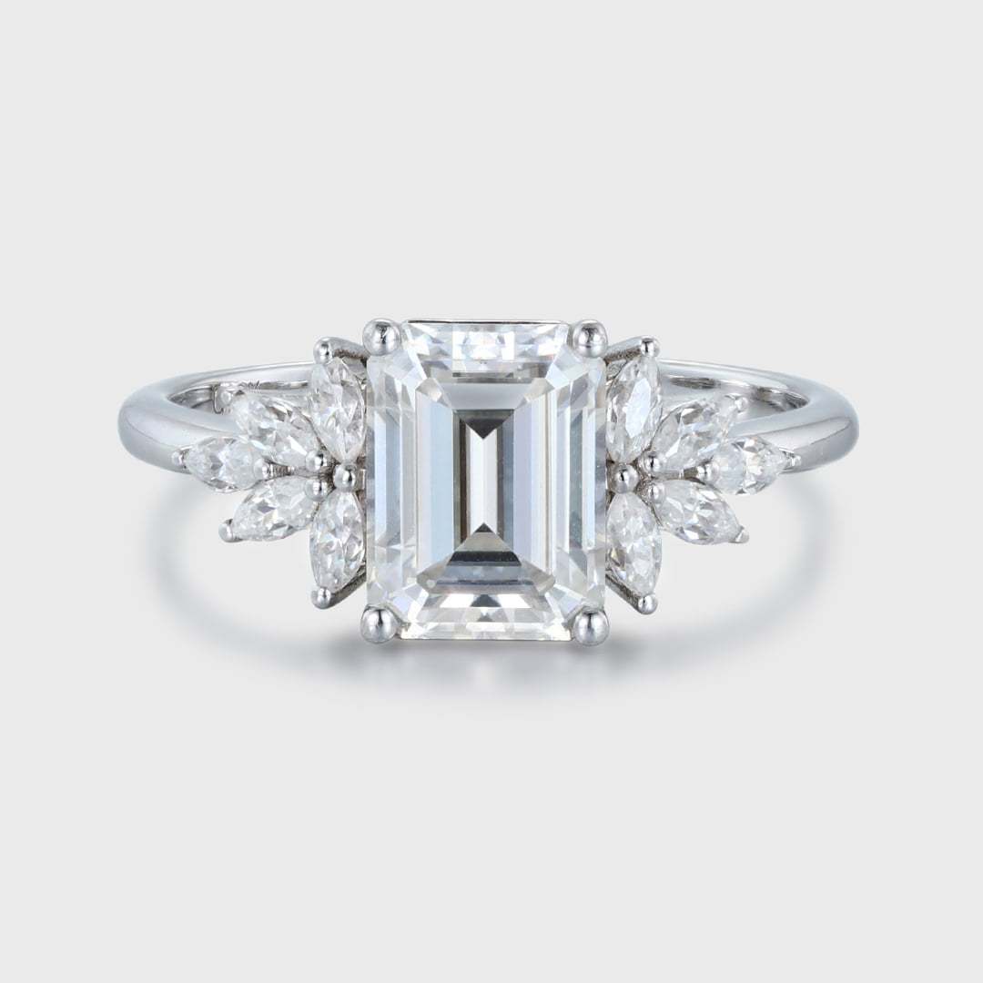Emerald cut Moissanite engagement ring Unique Cluster engagement ring Vintage White Gold diamond wedding ring Bridal Anniversary gift