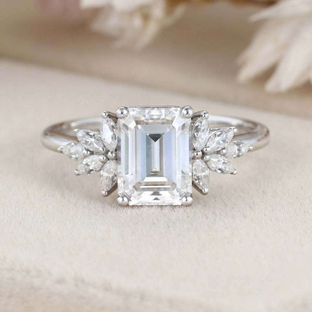 Emerald cut Moissanite engagement ring Unique Cluster engagement ring Vintage White Gold diamond wedding ring Bridal Anniversary gift