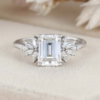 Emerald cut Moissanite engagement ring Unique Cluster engagement ring Vintage White Gold diamond wedding ring Bridal Anniversary gift