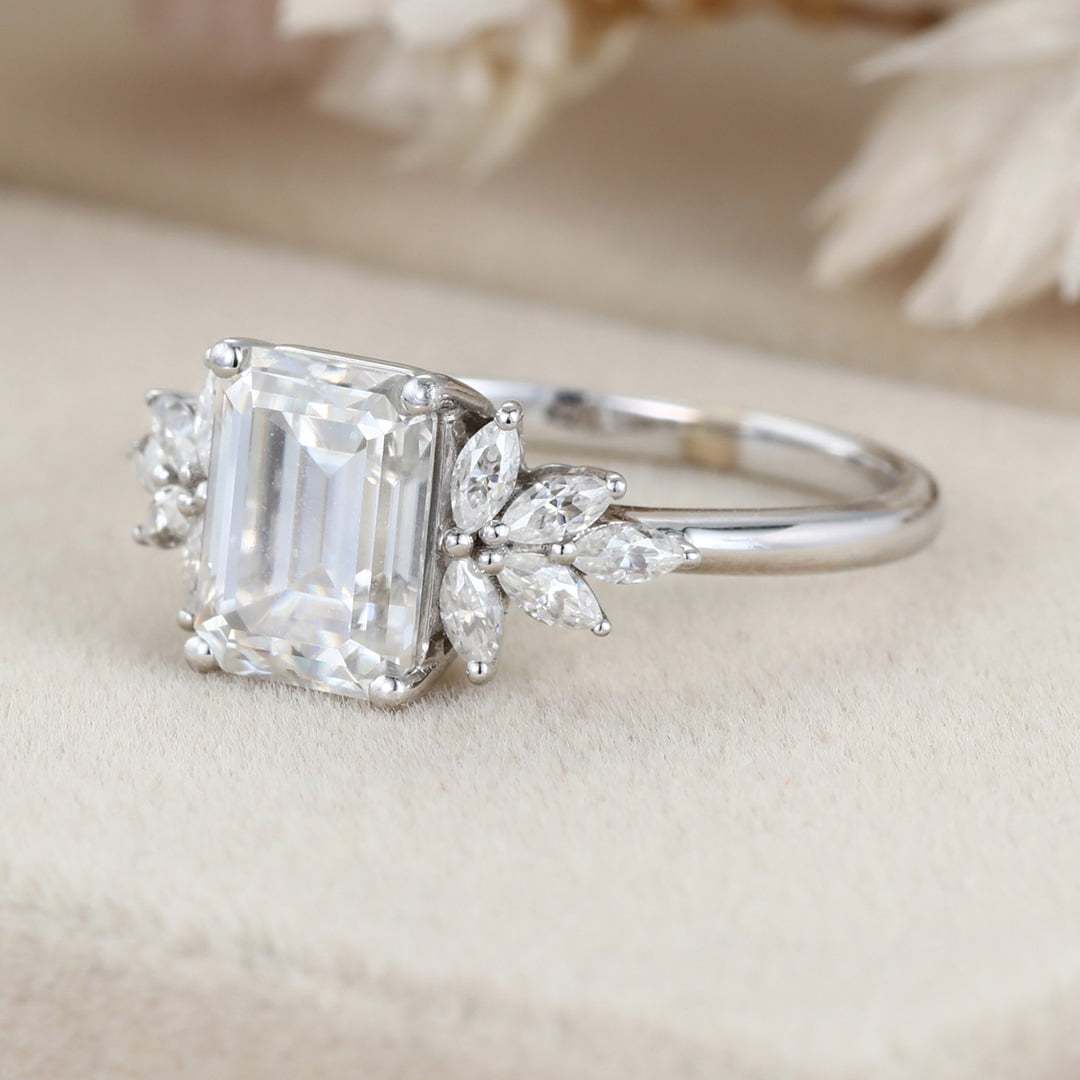 Emerald cut Moissanite engagement ring Unique Cluster engagement ring Vintage White Gold diamond wedding ring Bridal Anniversary gift