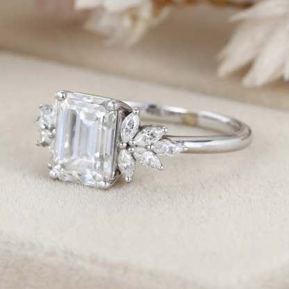 Emerald cut Moissanite engagement ring Unique Cluster engagement ring Vintage White Gold diamond wedding ring Bridal Anniversary gift