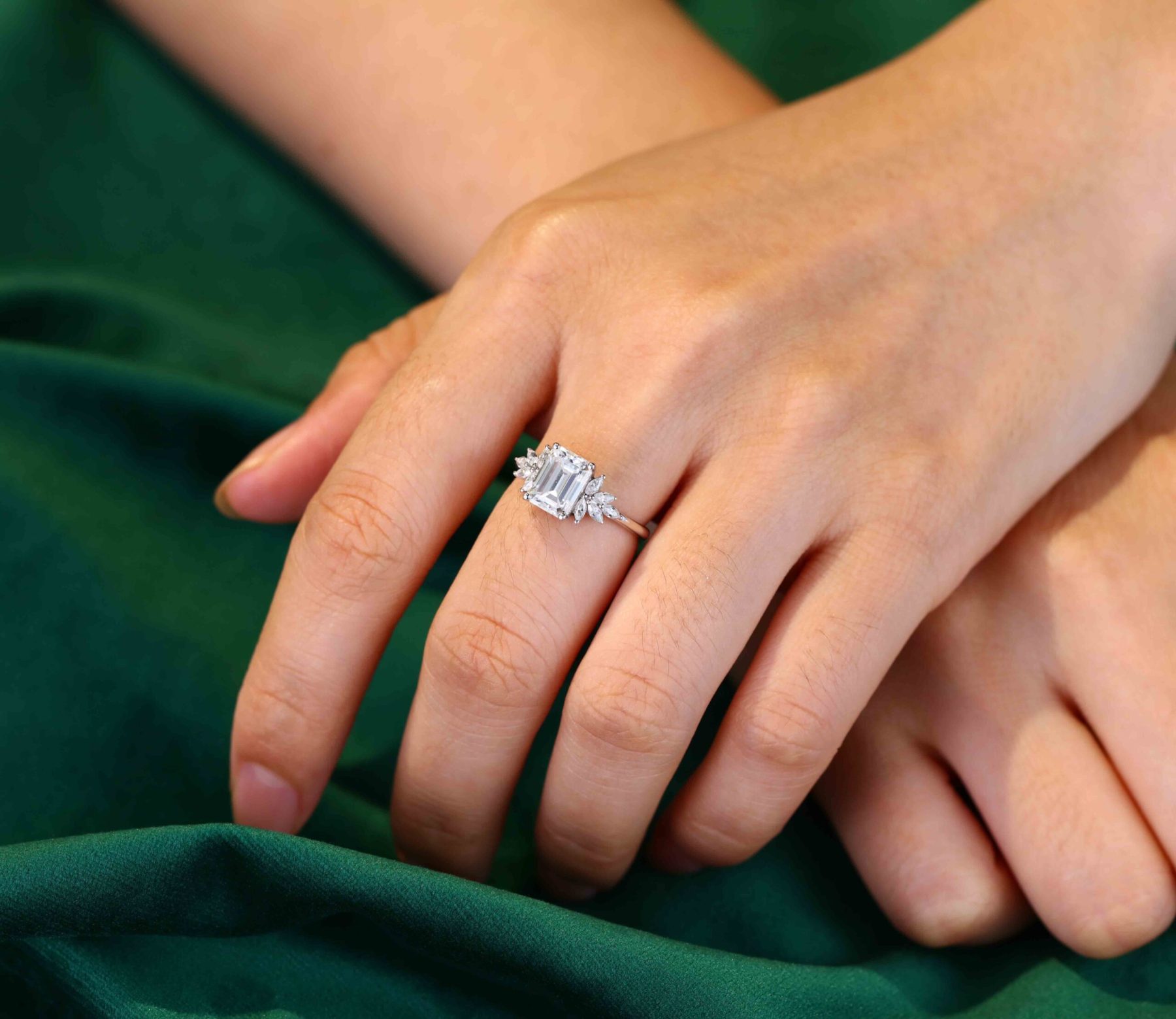 Emerald cut Moissanite engagement ring Unique Cluster engagement ring Vintage White Gold diamond wedding ring Bridal Anniversary gift