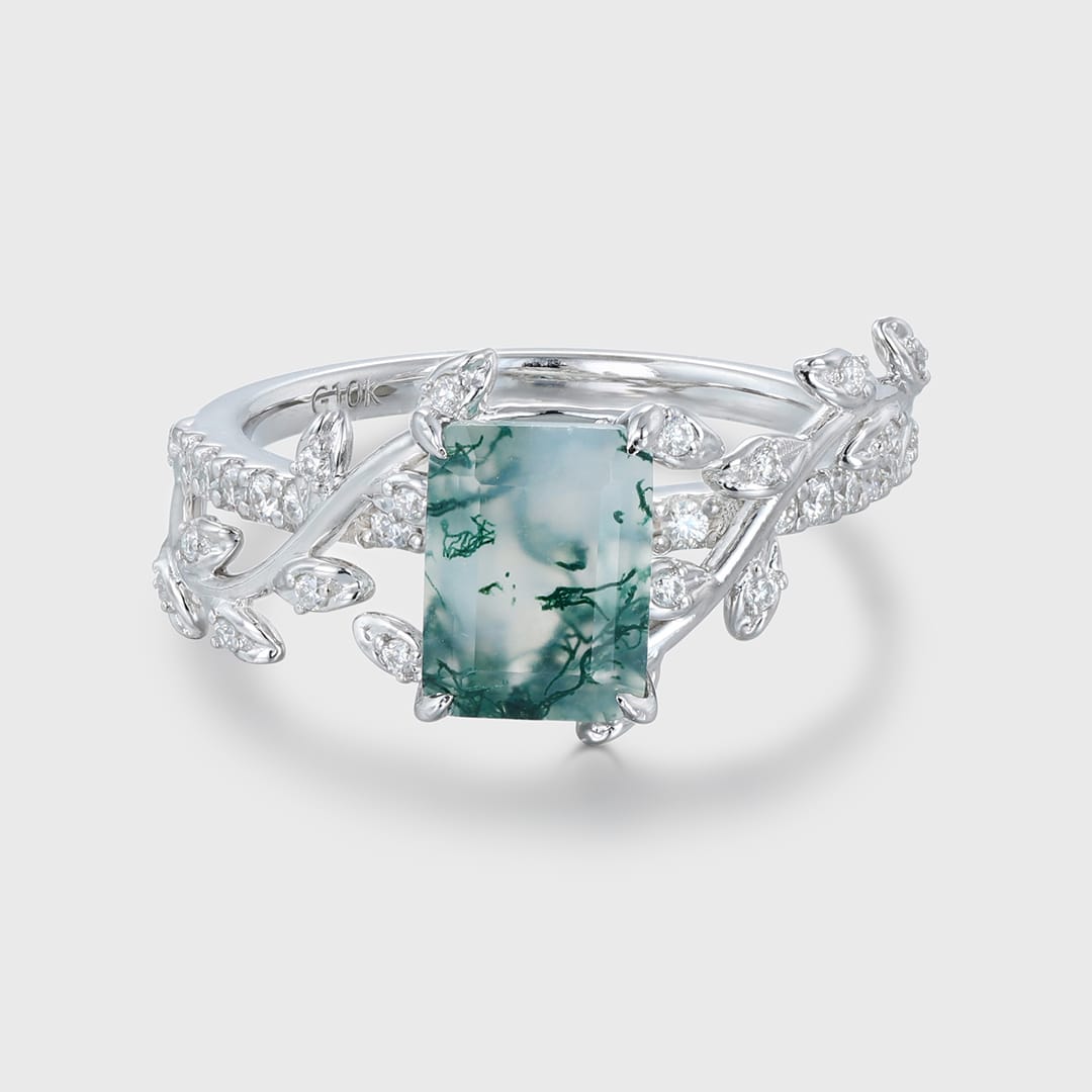 Fairy Engagement Ring Emerald Moss Agate Engagement Ring Gold Nature Inspired Engagement Ring Promise Ring Green Gemstone Ring Anniversary Gift
