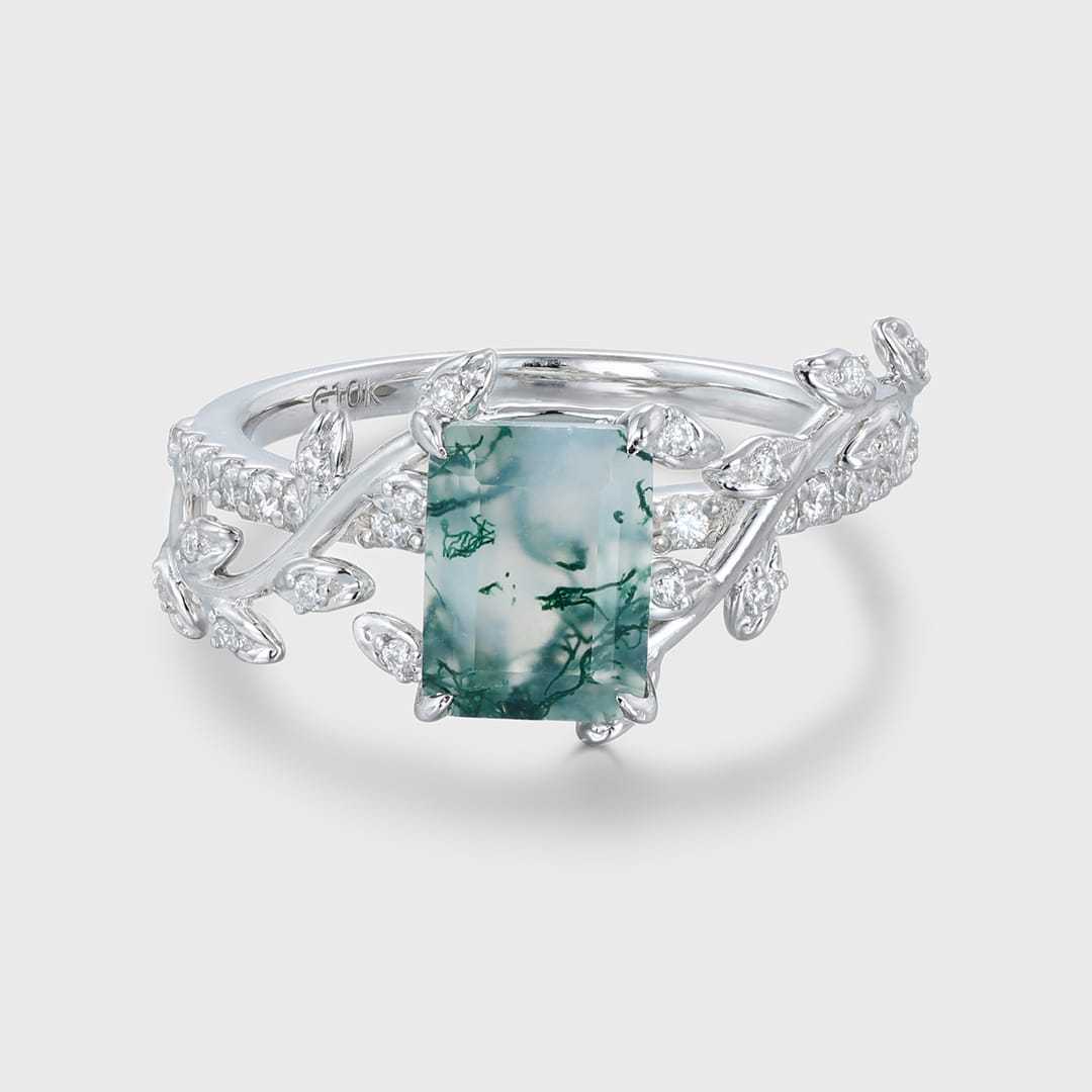 Fairy Engagement Ring Emerald Moss Agate Engagement Ring Gold Nature Inspired Engagement Ring Promise Ring Green Gemstone Ring Anniversary Gift