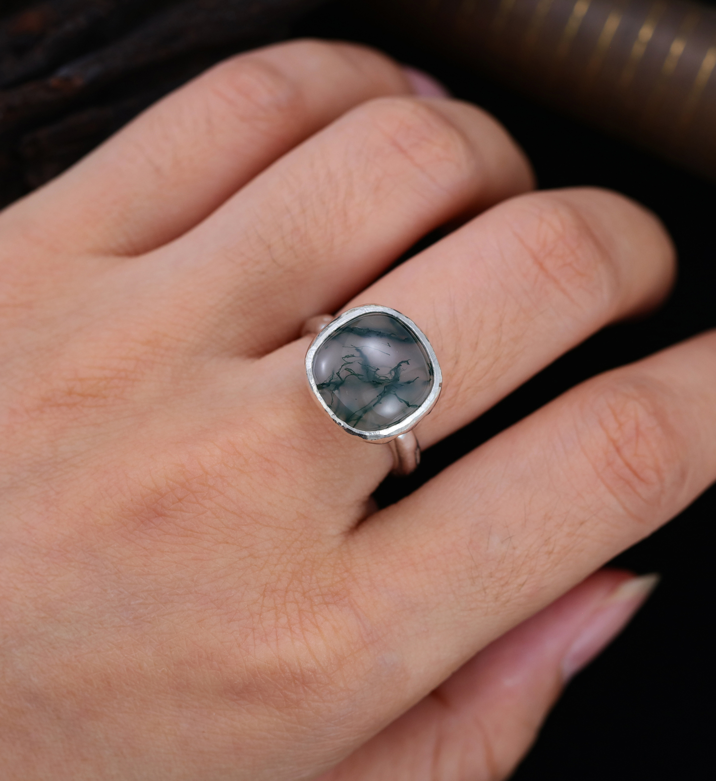 Handmade 925 Sterling Silver Moss Agate Men’s Ring – Unique Boho Gemstone Jewelry