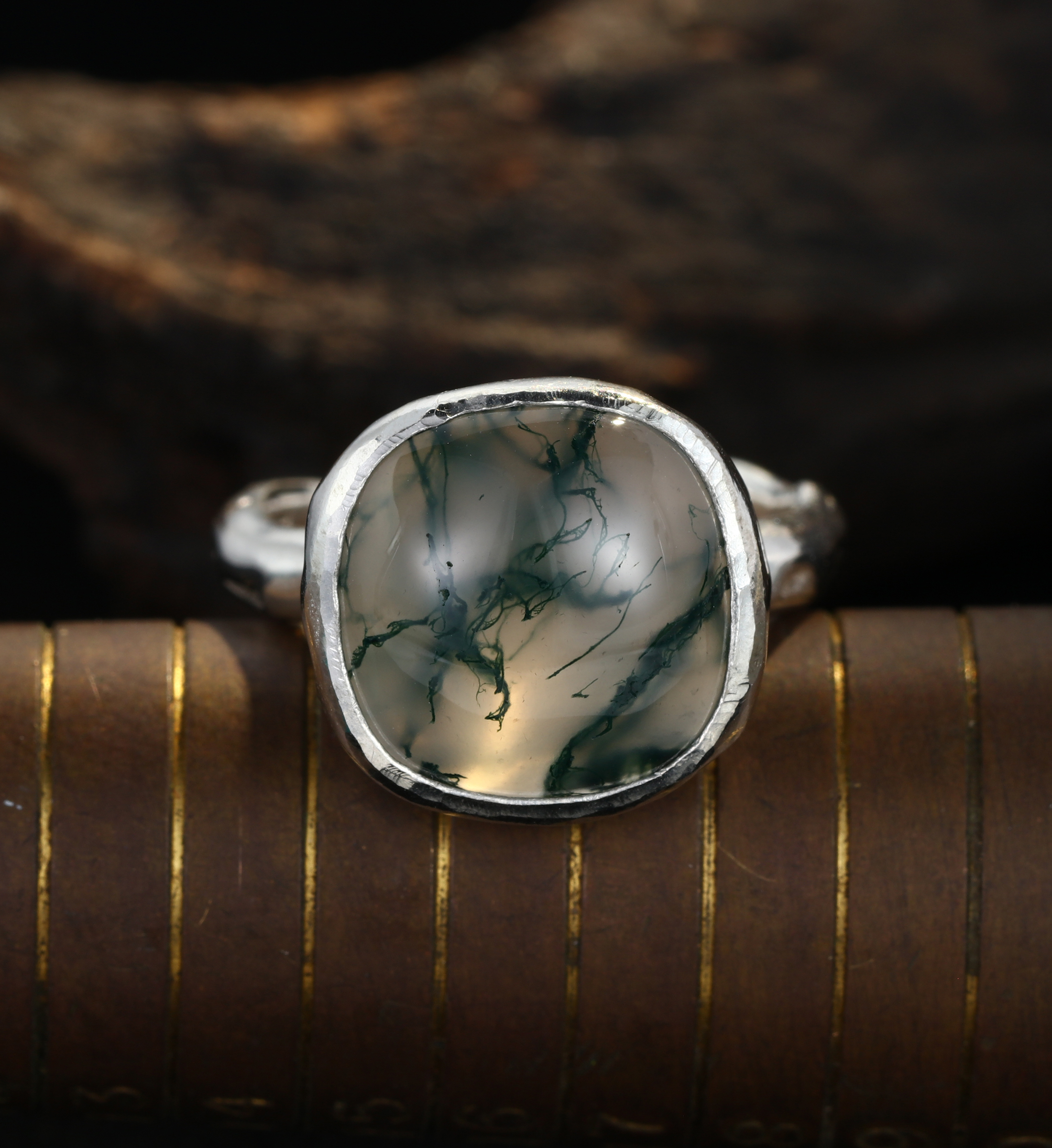 Handmade 925 Sterling Silver Moss Agate Men’s Ring – Unique Boho Gemstone Jewelry