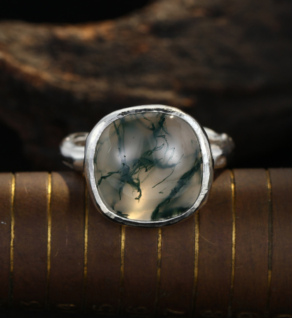 Handmade 925 Sterling Silver Moss Agate Men’s Ring – Unique Boho Gemstone Jewelry