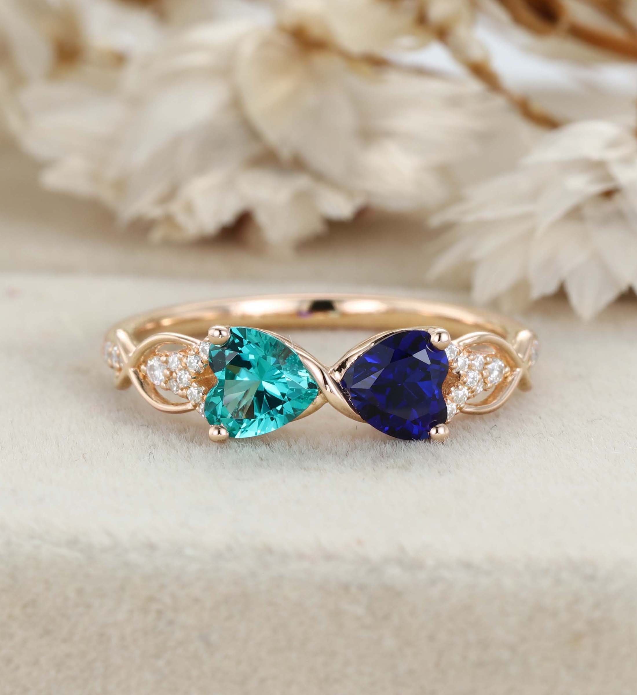Heart Cut Lab Sapphire & Lab Emerald Engagement Ring Unique 14K Rose Gold Twist Wedding Ring Birthstone Ring
