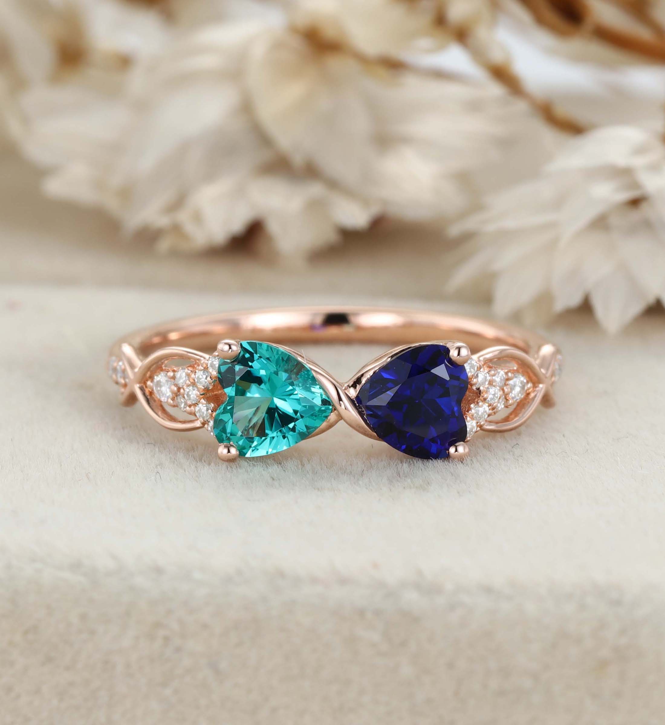 Heart Cut Lab Sapphire & Lab Emerald Engagement Ring Unique 14K Rose Gold Twist Wedding Ring Birthstone Ring