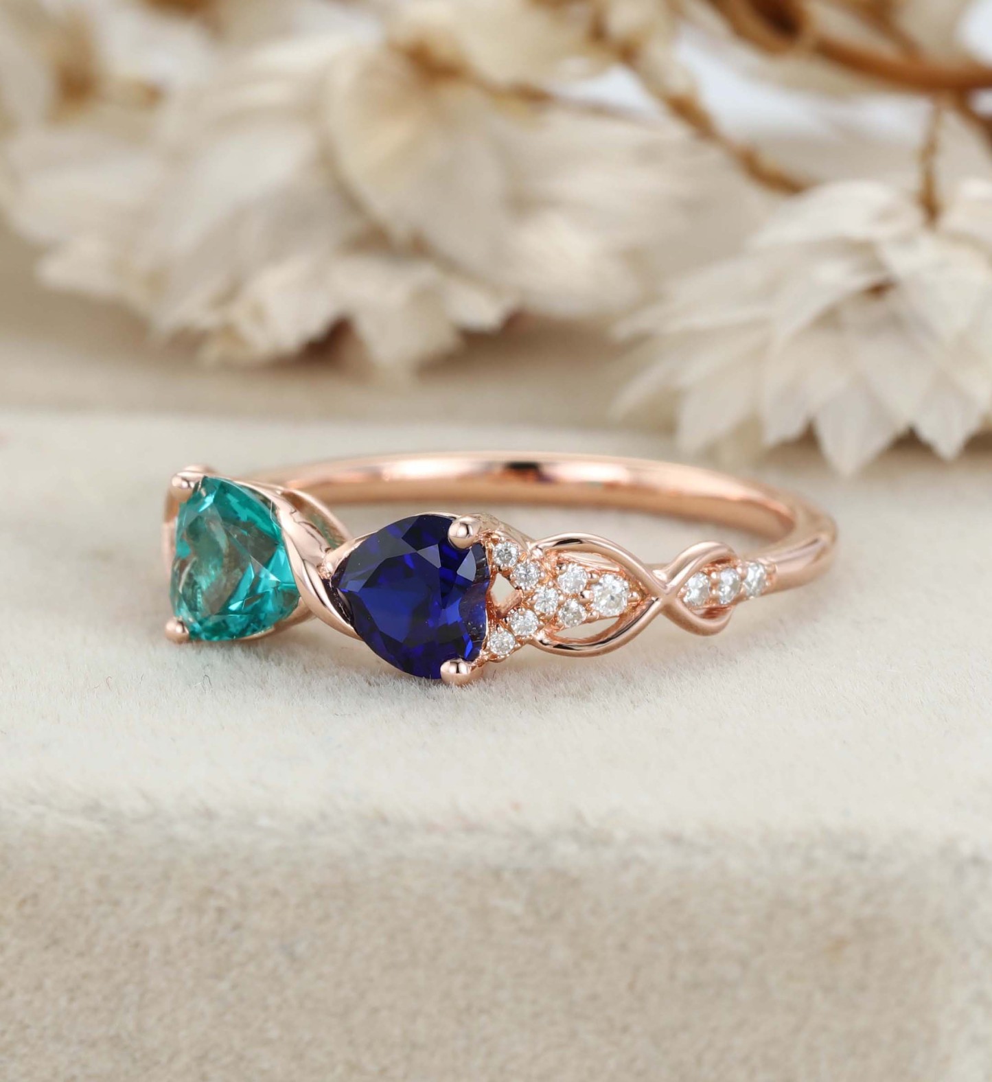 Heart Cut Lab Sapphire & Lab Emerald Engagement Ring Unique 14K Rose Gold Twist Wedding Ring Birthstone Ring