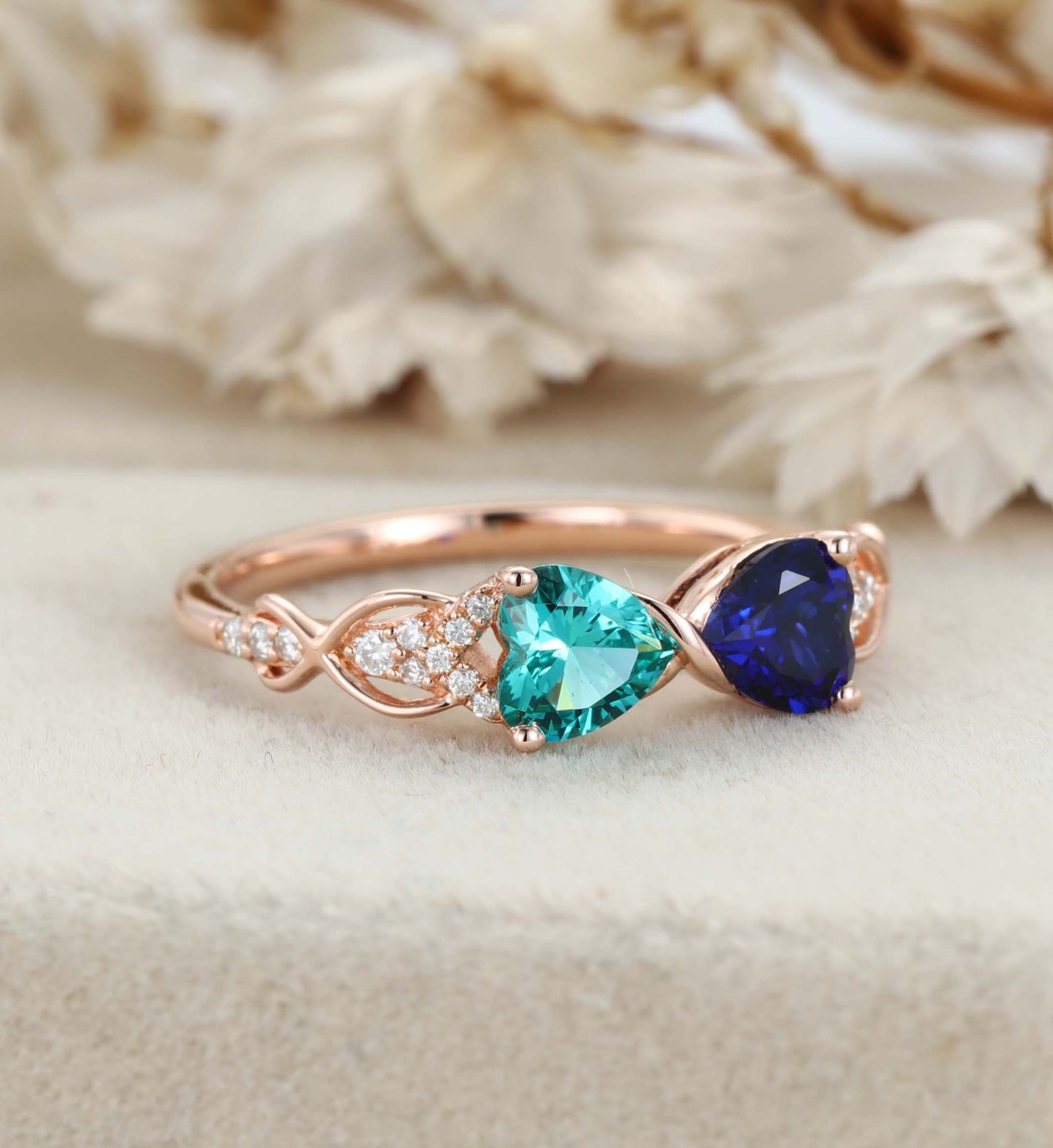 Heart Cut Lab Sapphire & Lab Emerald Engagement Ring Unique 14K Rose Gold Twist Wedding Ring Birthstone Ring