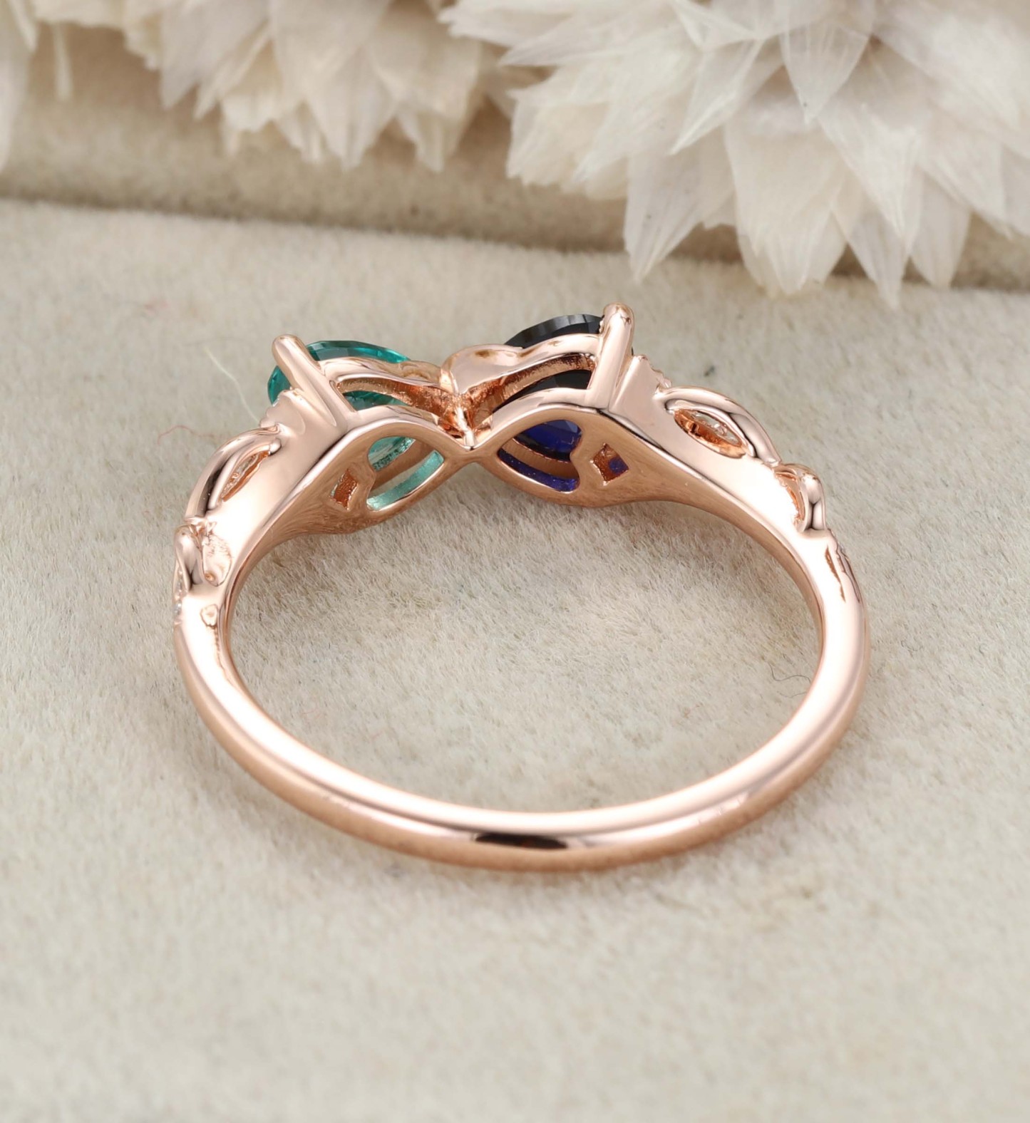 Heart Cut Lab Sapphire & Lab Emerald Engagement Ring Unique 14K Rose Gold Twist Wedding Ring Birthstone Ring