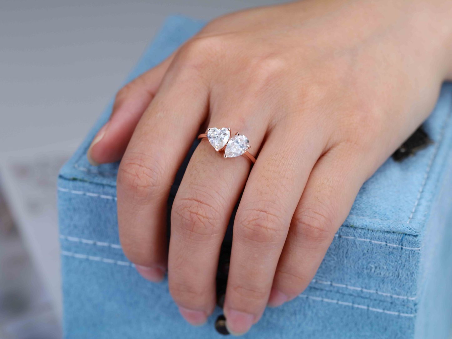 Heart Shaped And Pear Cut Moissanite Engagement Ring 14K Rose Gold Two Stone Toi Et Moi Ring