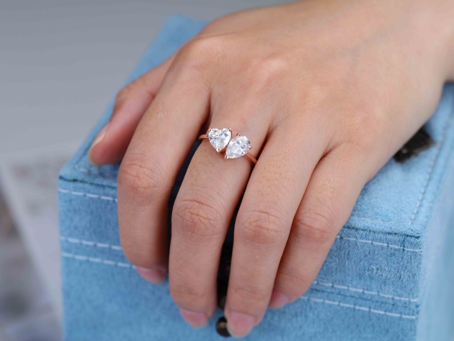 Heart Shaped And Pear Cut Moissanite Engagement Ring 14K Rose Gold Two Stone Toi Et Moi Ring