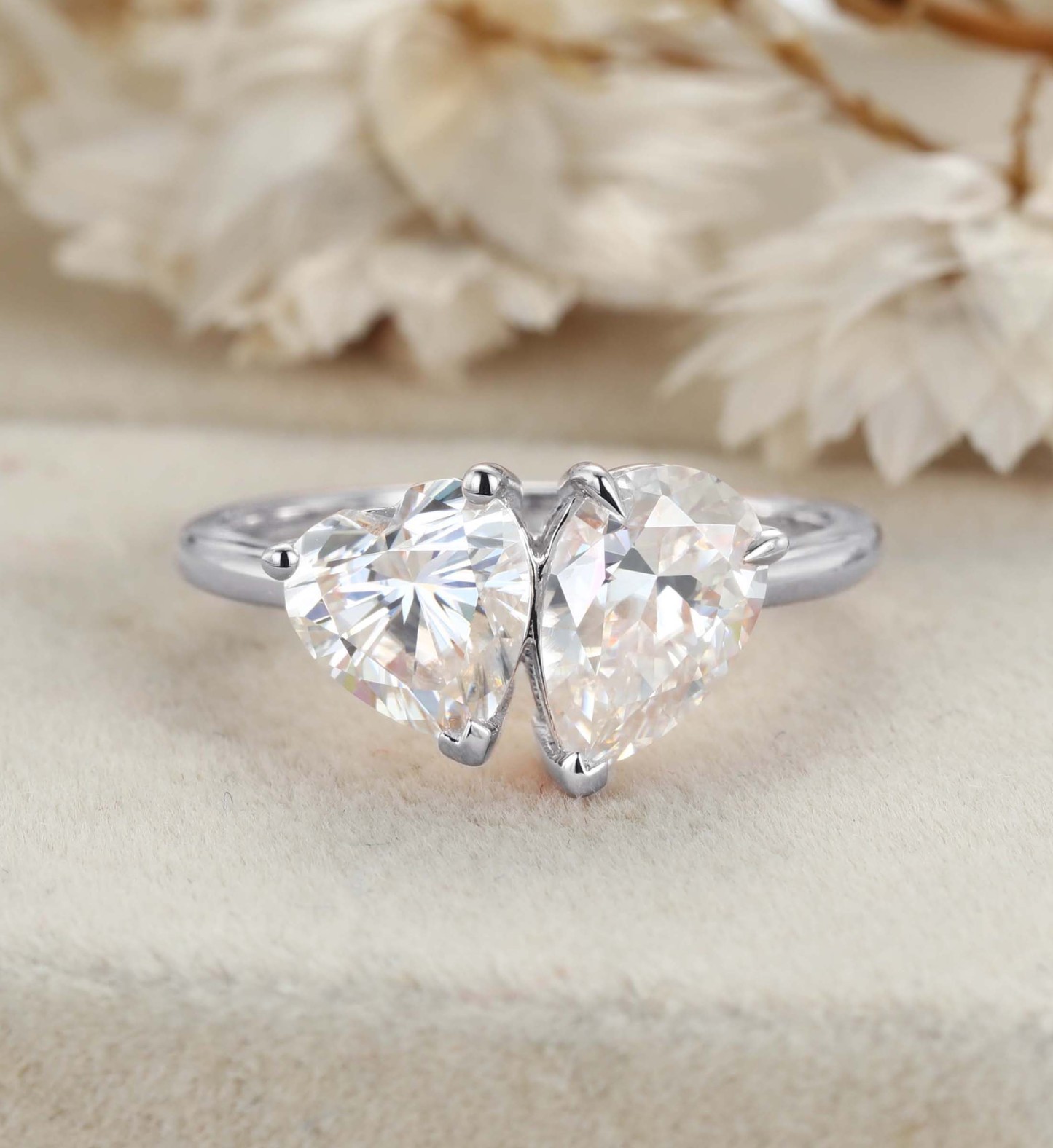 Heart Shaped And Pear Cut Moissanite Engagement Ring 14K Rose Gold Two Stone Toi Et Moi Ring