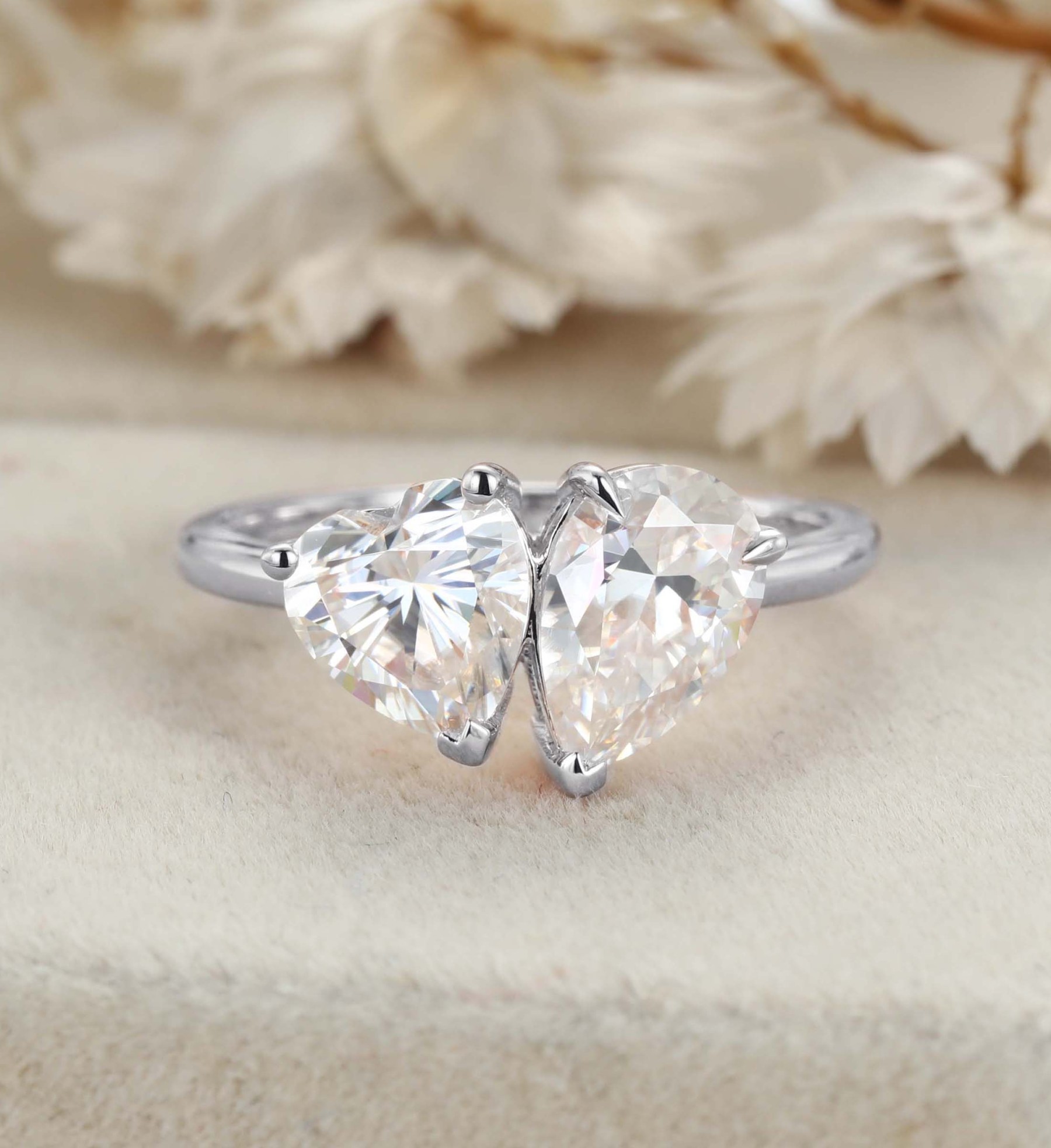Heart Shaped And Pear Cut Moissanite Engagement Ring 14K Rose Gold Two Stone Toi Et Moi Ring