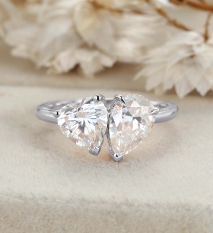 Heart Shaped And Pear Cut Moissanite Engagement Ring 14K Rose Gold Two Stone Toi Et Moi Ring