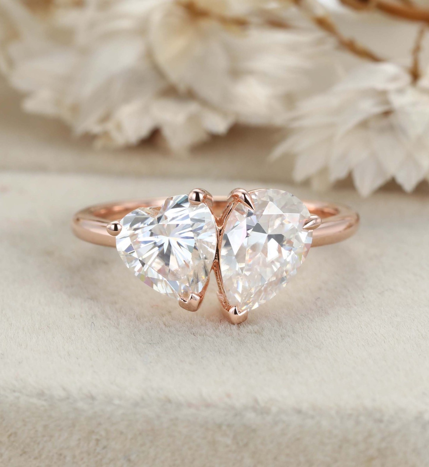 Heart Shaped And Pear Cut Moissanite Engagement Ring 14K Rose Gold Two Stone Toi Et Moi Ring